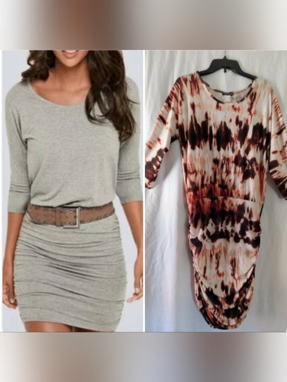 VENUS Beige Tie-Dye Ruched Mini Dress with Brown Accents Sz. M
